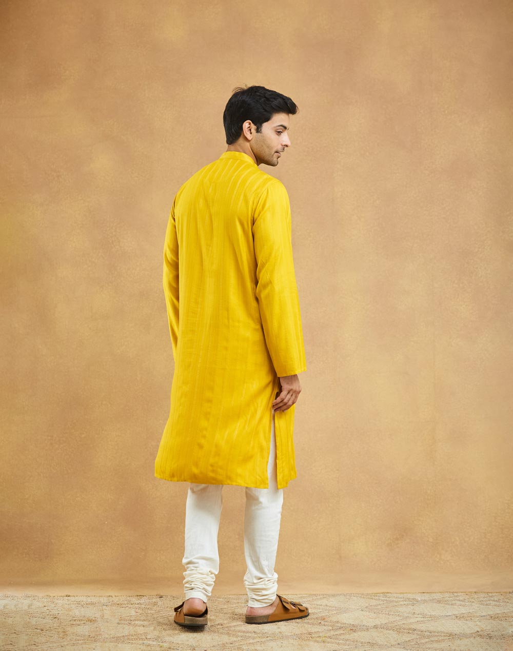 Yellow Viscose Blend Dobby Slim Fit Long Kurta