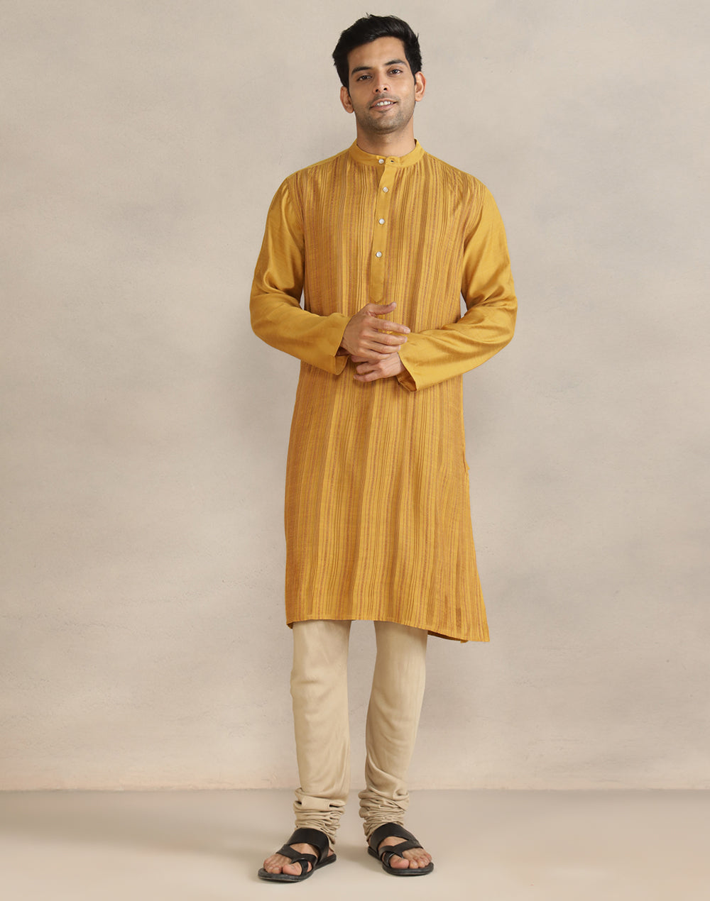 Mustard Viscose Silk Pintucks Long Kurta