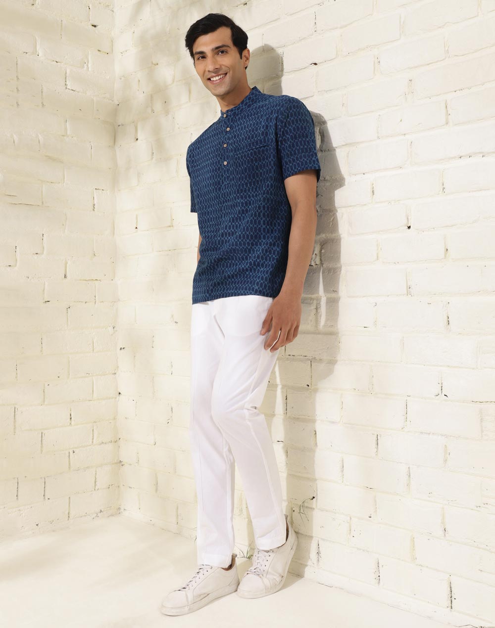 Blue Cotton Dabu Printed Mid Placket Shirt