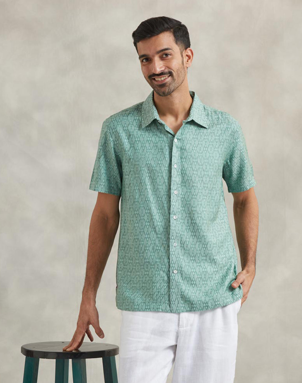 Teal Viscose Silk Hand Block Printed Bush Shirt