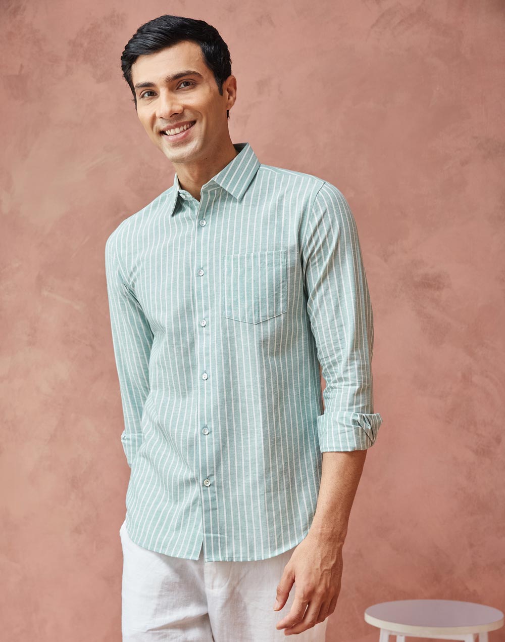 Green Cotton Blend Striped Shirt