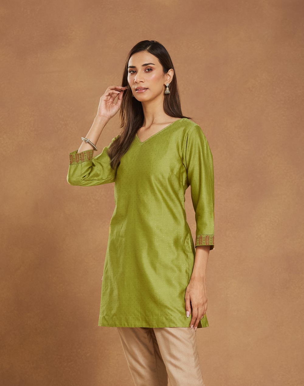 Green Cotton Silk Hand Block Printed Slim Fit Short Kurta