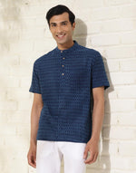 Blue Cotton Dabu Printed Mid Placket Shirt