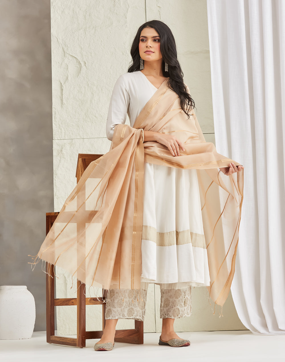 Beige Cotton Silk Blend Maheshwari Dupatta