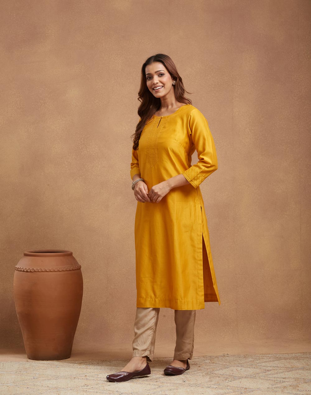 Mustard Cotton Silk Long Kurta