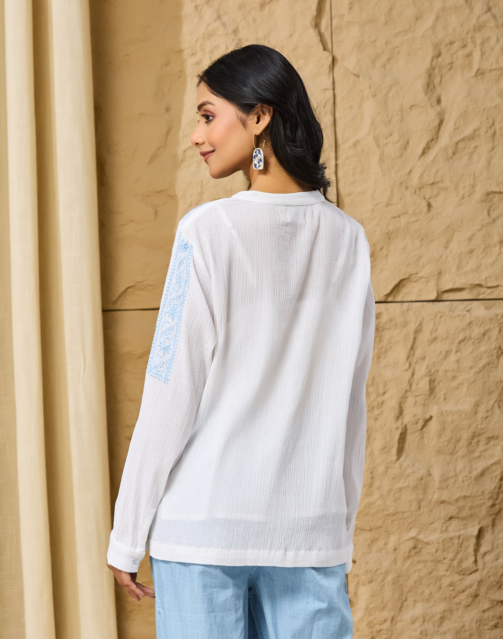 White-Blue Cotton Chikankari Top & Slip