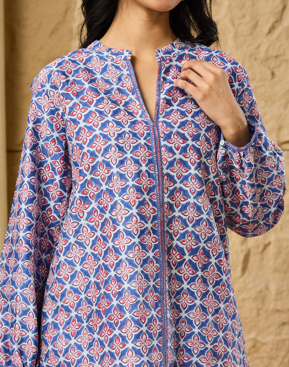 Blue-Pink Cotton Silk Hand Block Printed Clara Tunic