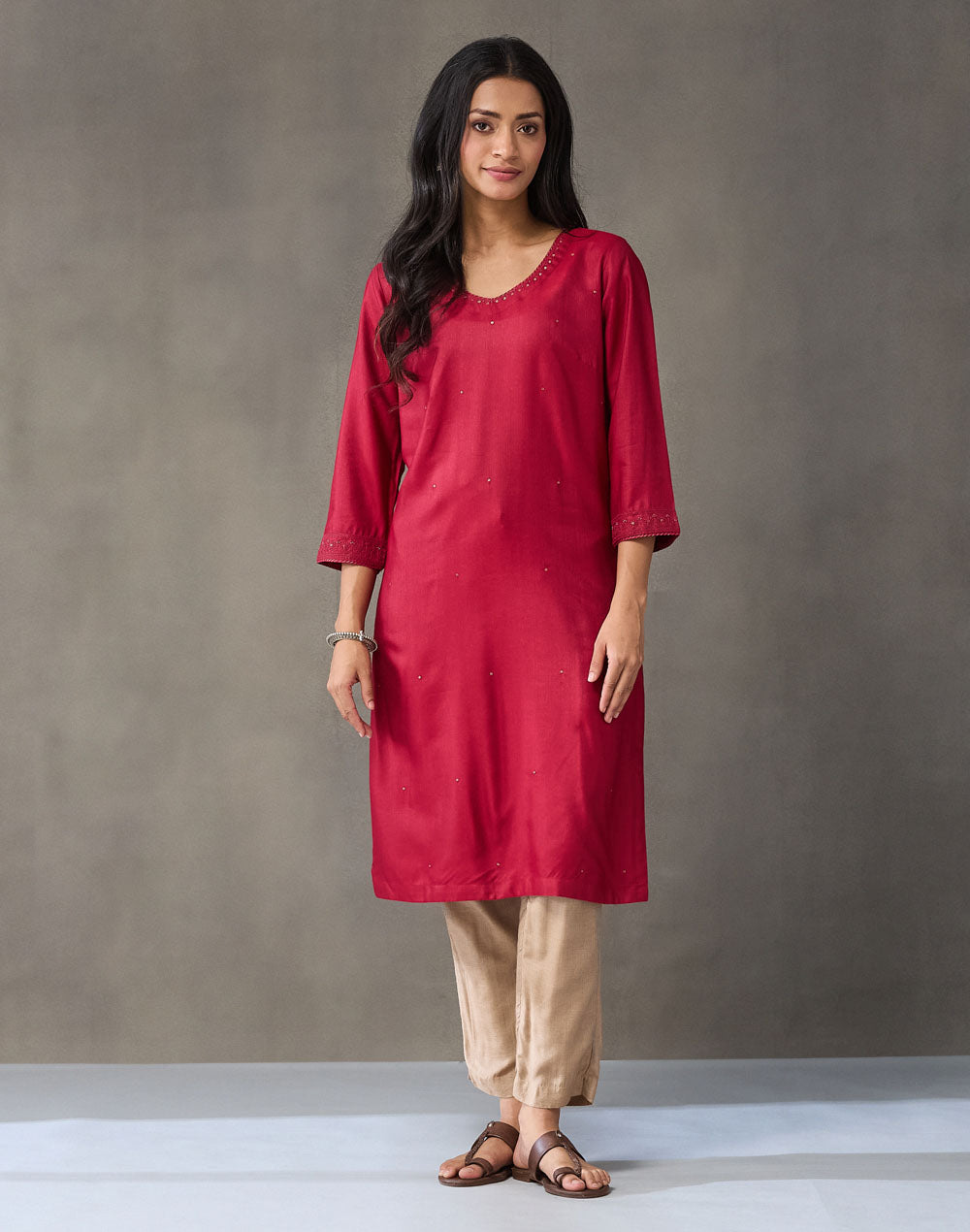 Maroon Viscose Silk Embroidered Long Kurta