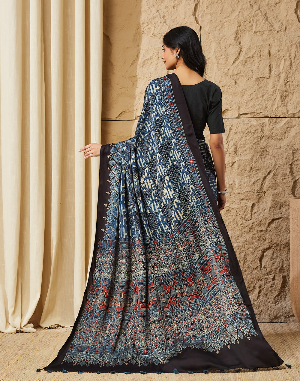 Indigo Viscose Blend Ajrakh Printed Sari