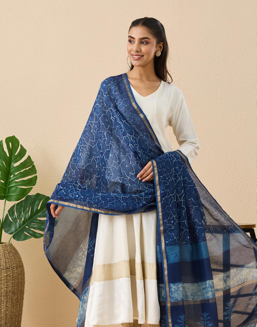 Indigo Cotton Silk Blend Dabu Printed Dupatta