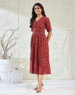 Red Cotton Ajarkh Midi Dress