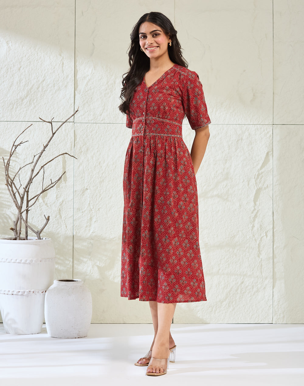 Red Cotton Ajarkh Midi Dress