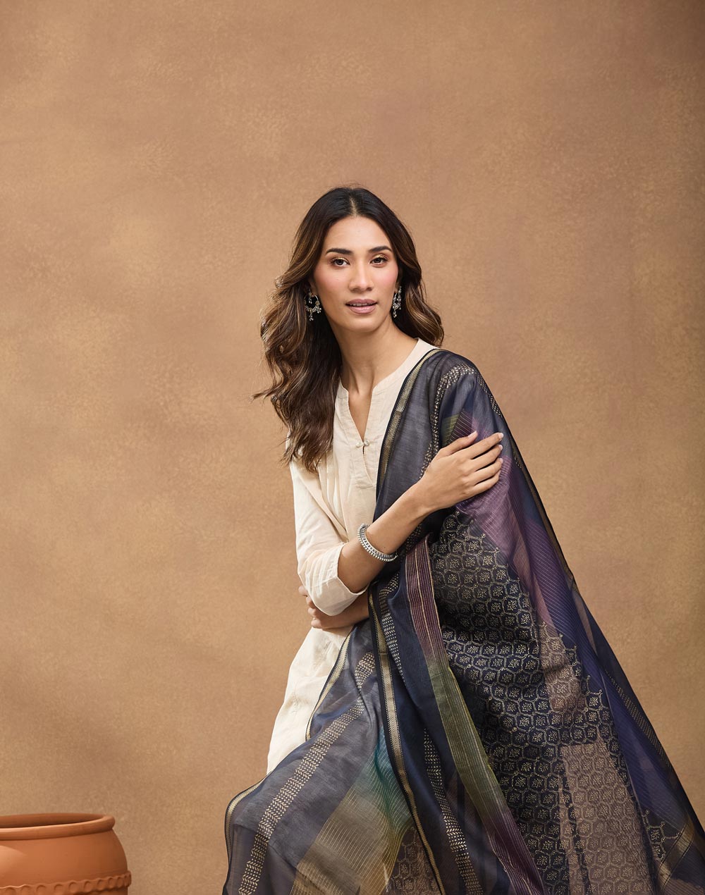 Navy Cotton Silk Blend Hand Block Printed Dupatta