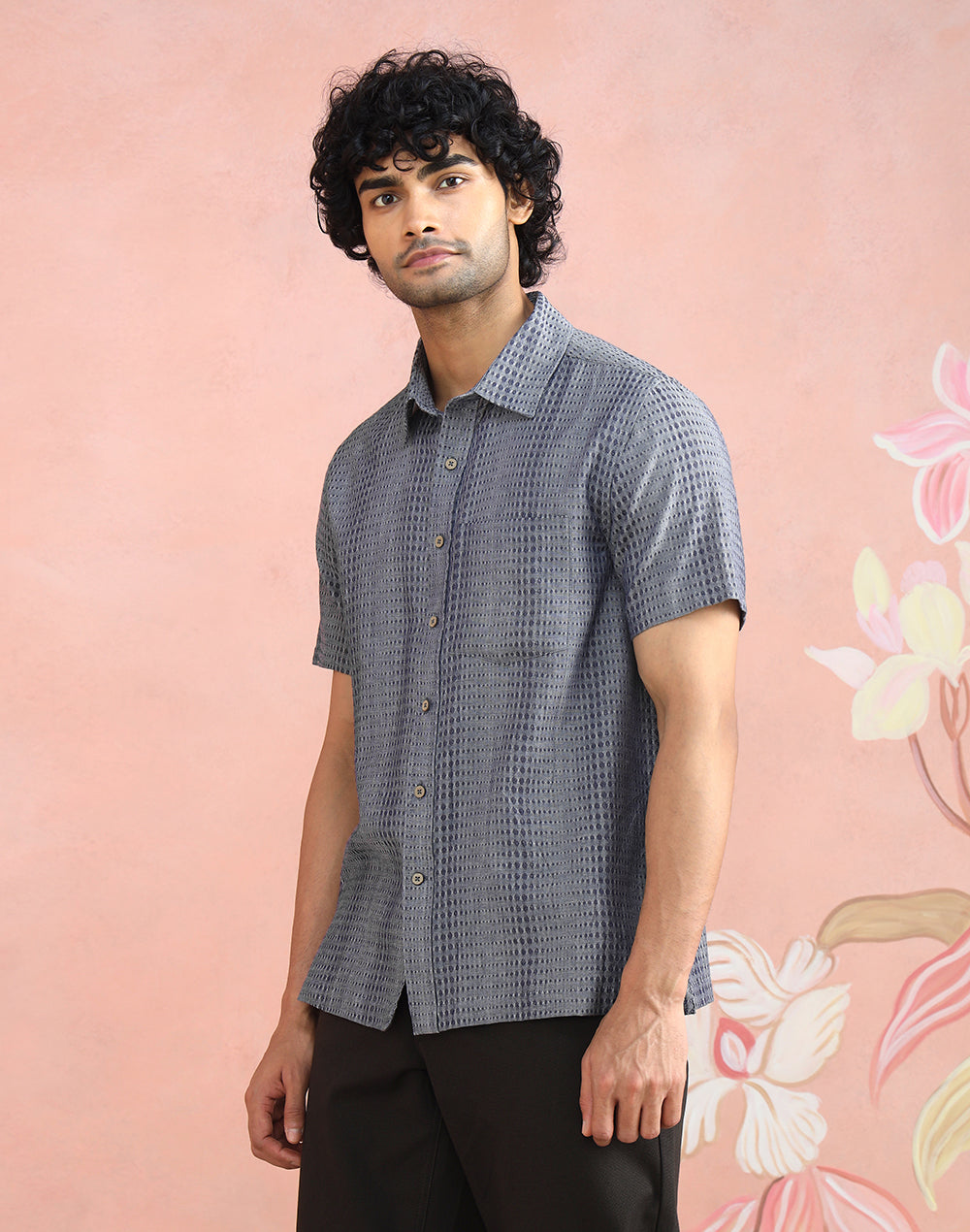 Grey Bush Shirt with regular collar and half sleeves