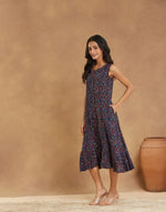 Blue Cotton Ajrakh Printed Peony Ruffle Midi Dress