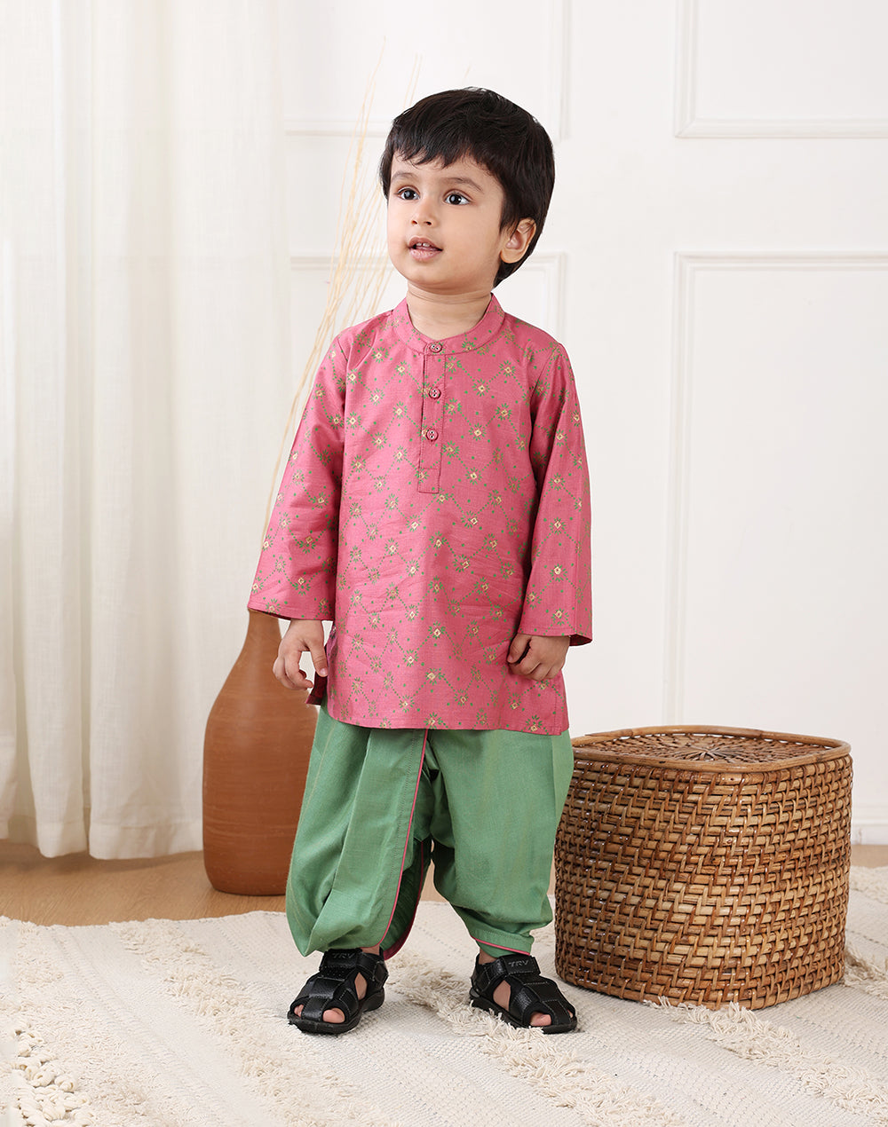 Pink Viscose Blend Hand Block Printed 2pc Dhoti Set