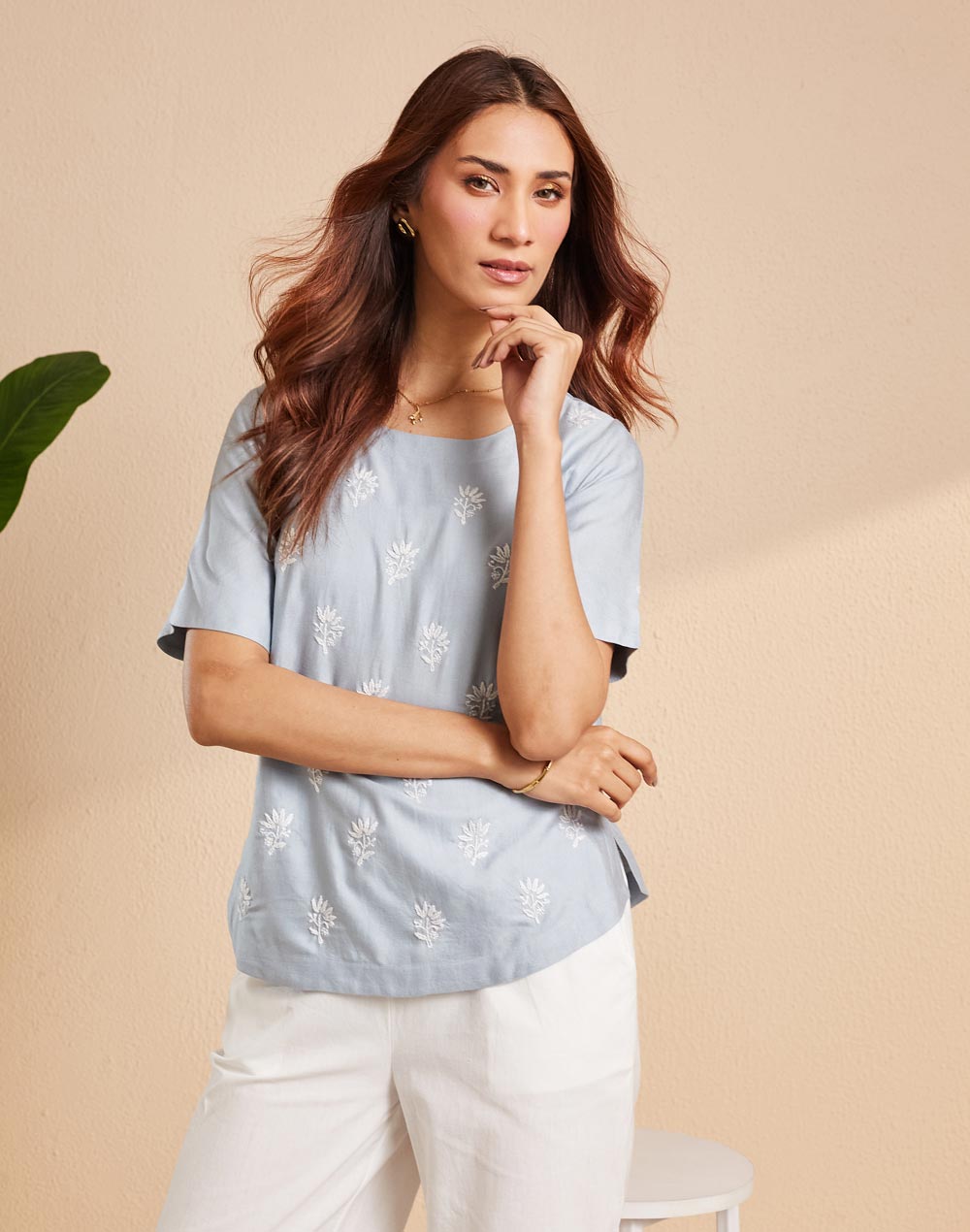 Light Blue Silk Blend Chikankari Arcadian Top