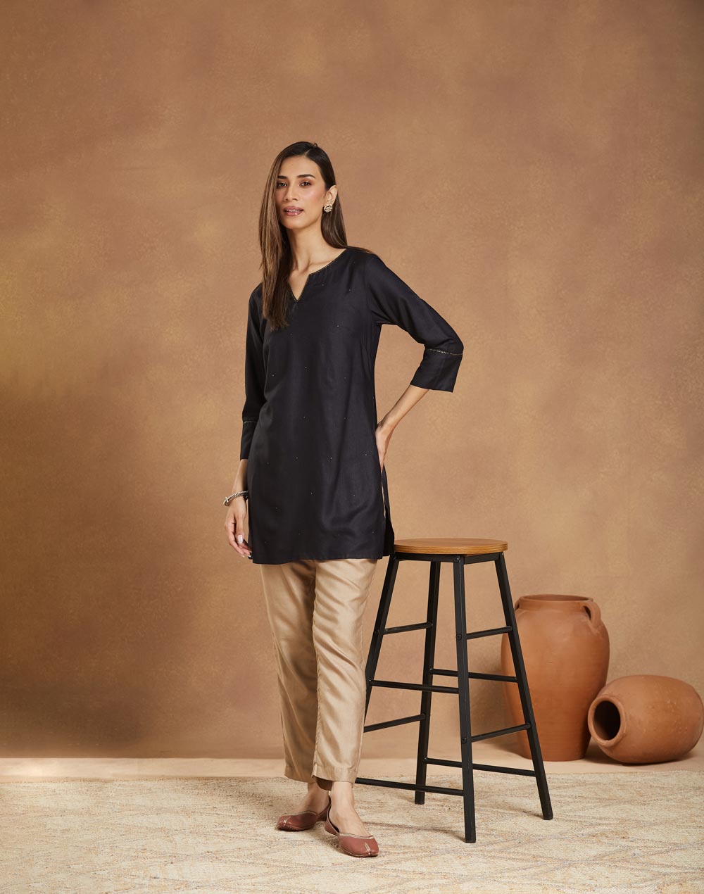 Black Viscose Silk Short Kurta