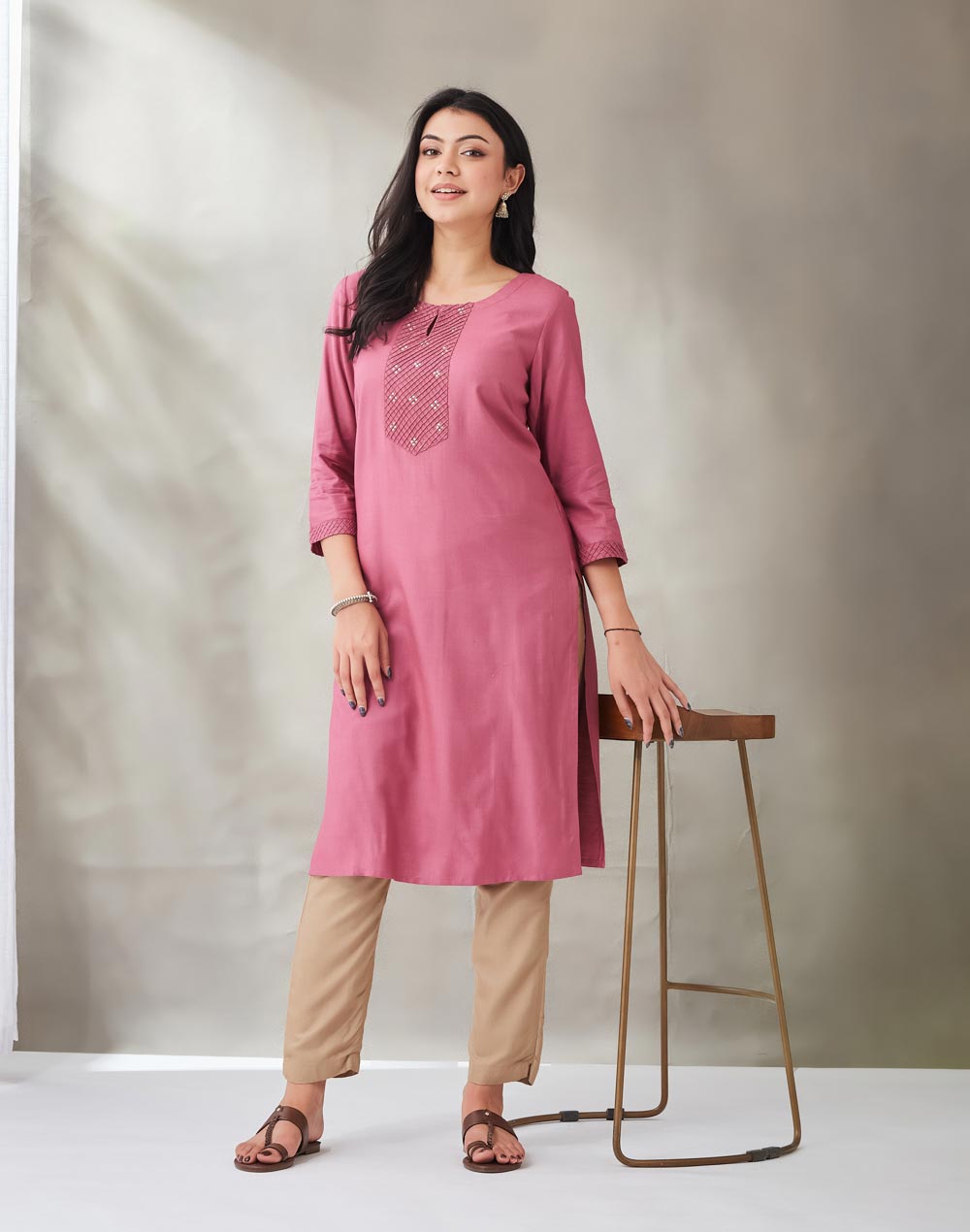 Purple Silk Pintuck Knee Length Kurta