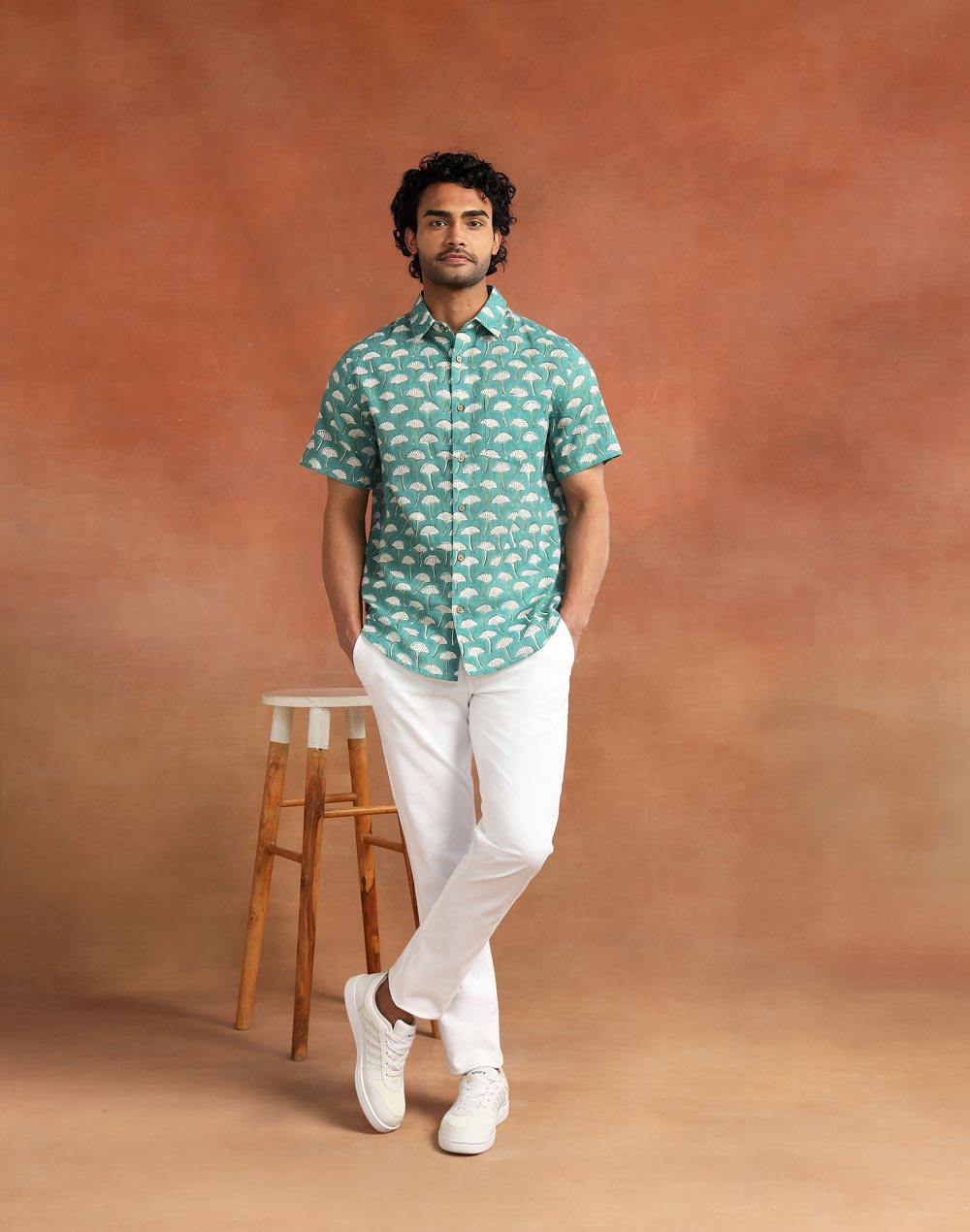 Teal Cotton Hand Block Printed Slim Fit Shirt