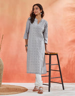 Grey Cotton Chikankari Long Kurta