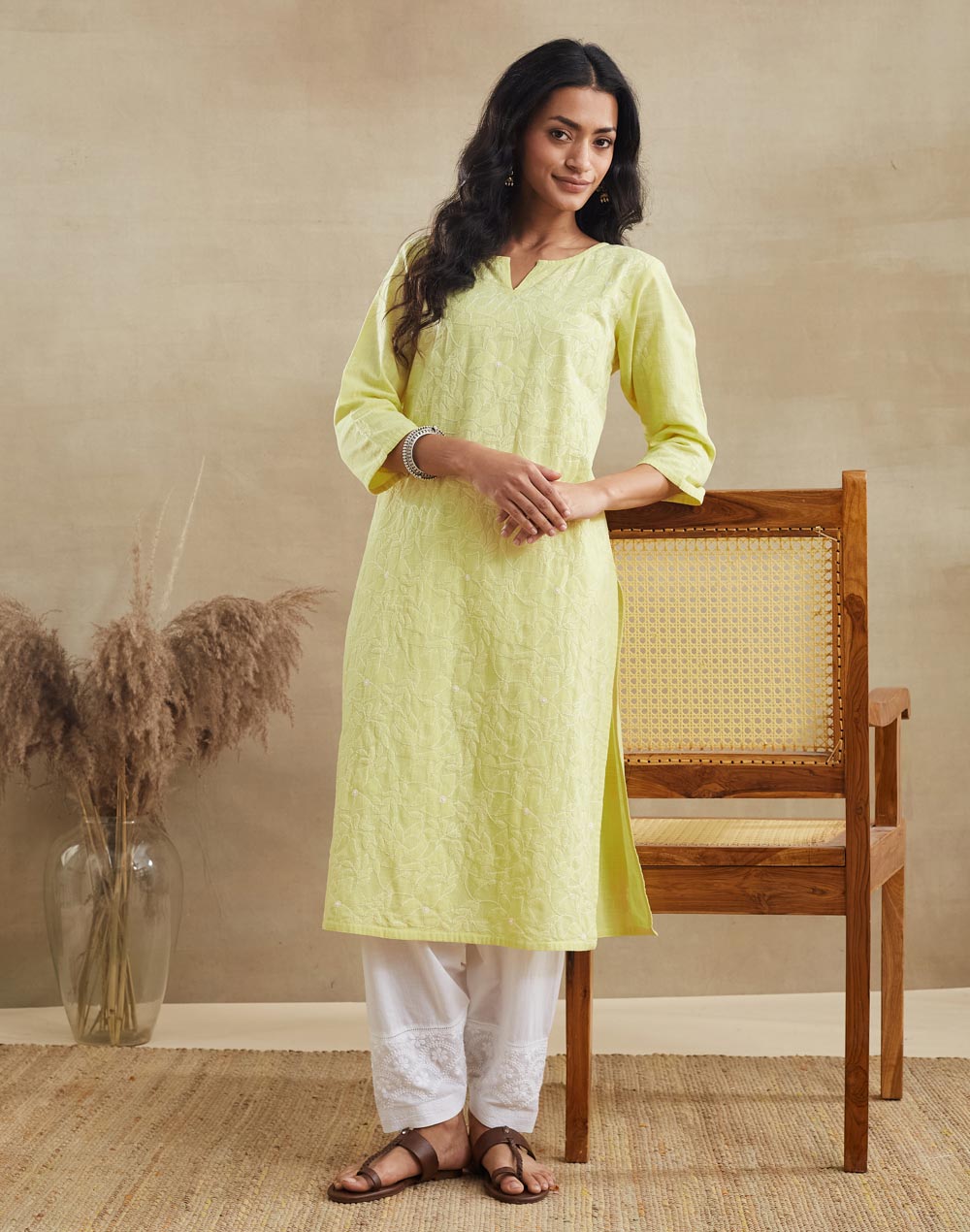 Yellow Cotton Chikankari Long Kurta