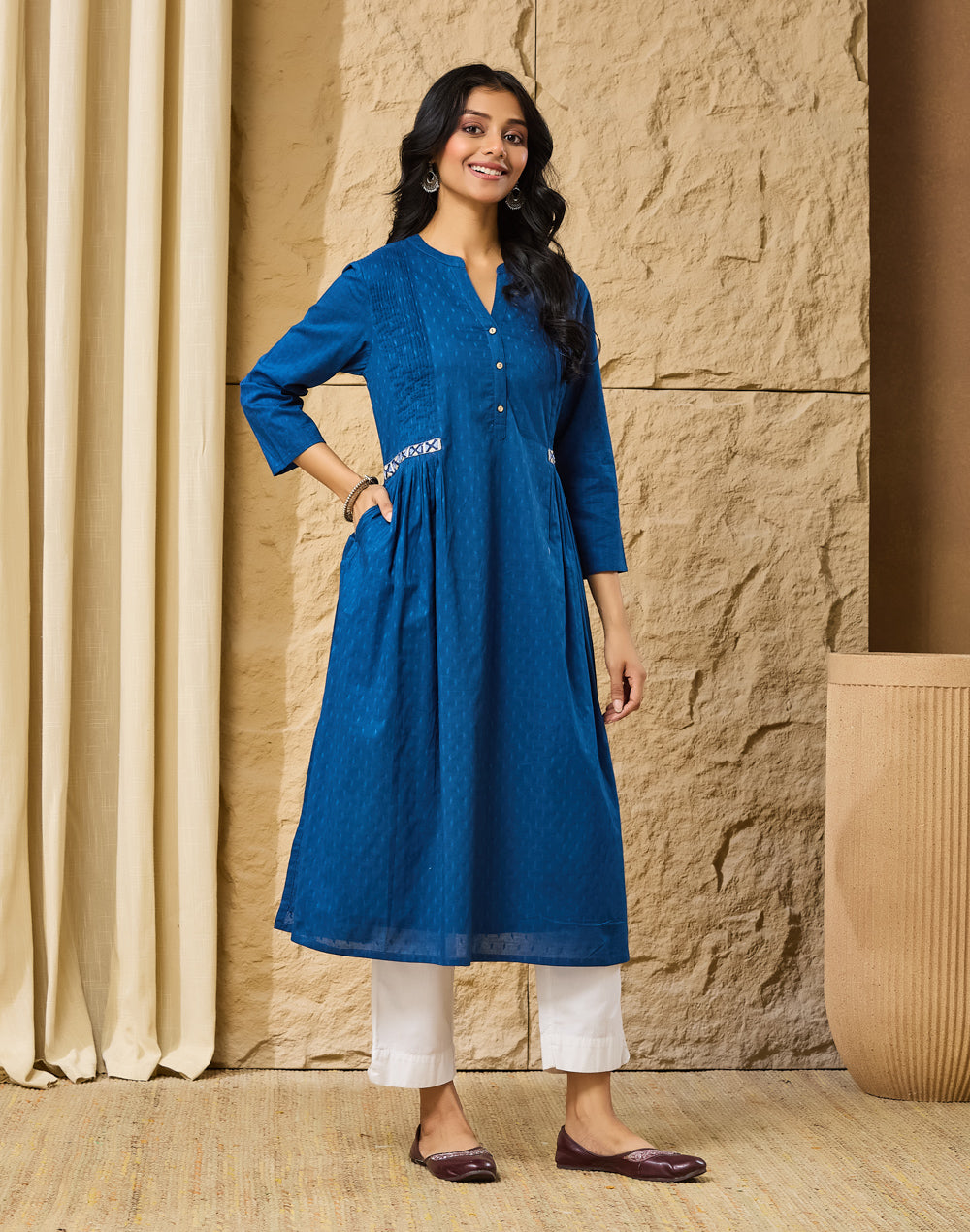 Indigo Cotton Pintuck Slim Fit Long Kurta