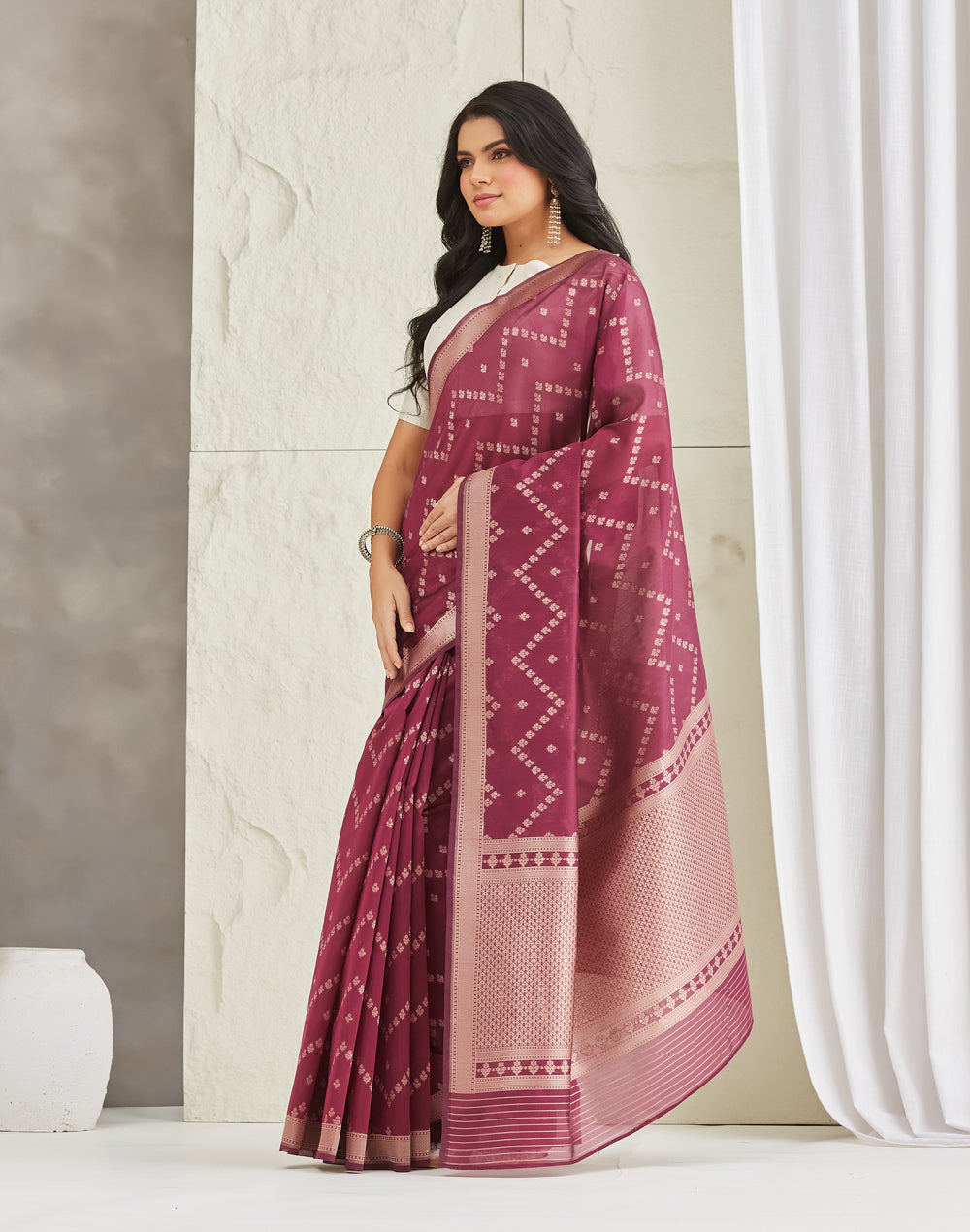 Wine Cotton Silk Blend Banarsi Sari
