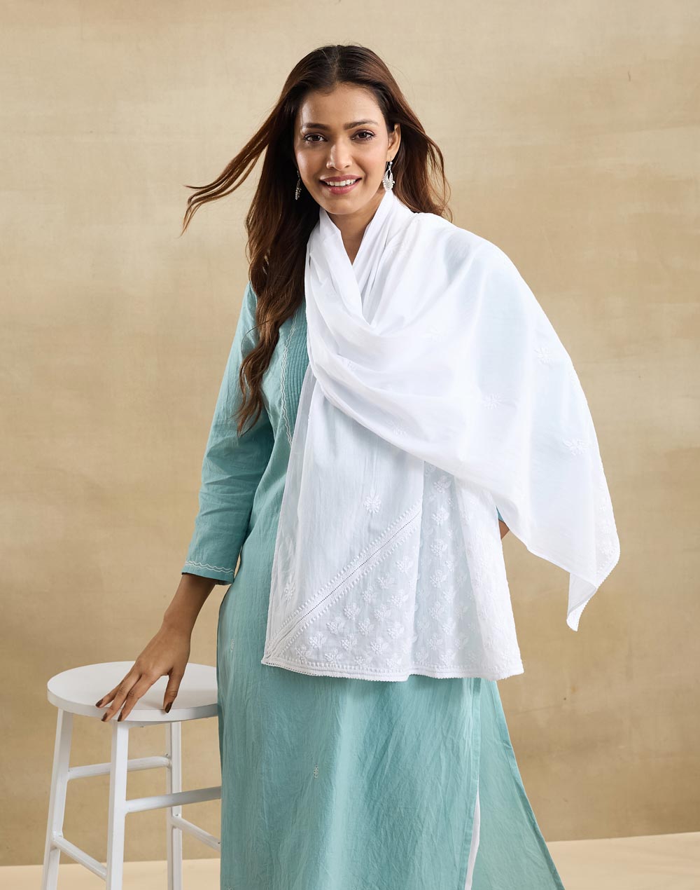 White Cotton Chikankari Stole