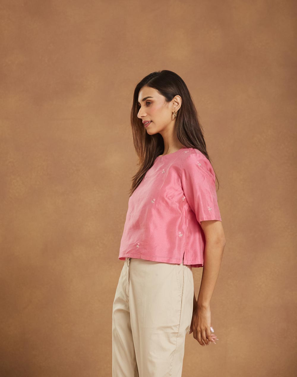 Pink Cotton Silk Embroidered Short Top