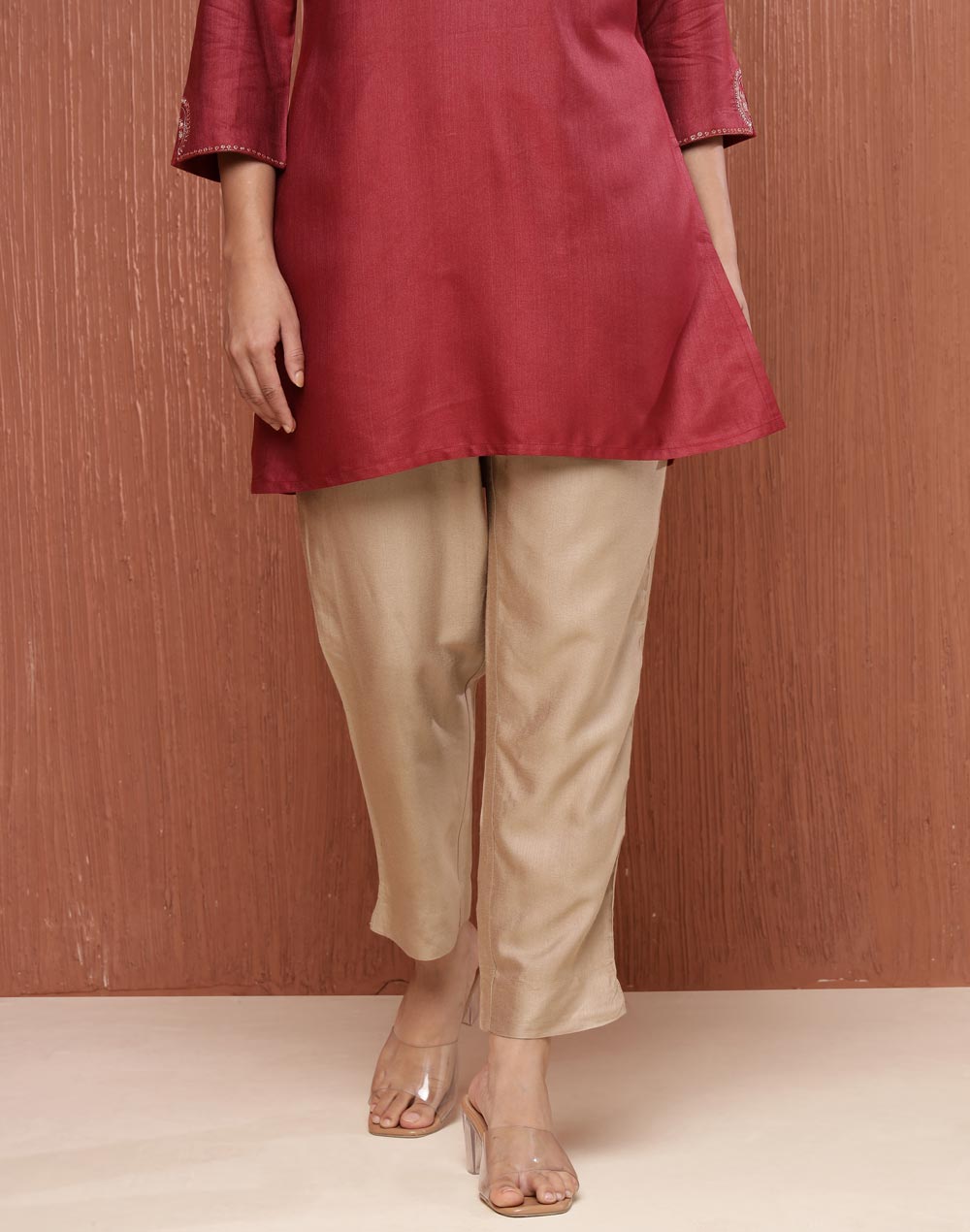 Beige Viscose Silk Woven Ethnic Pant