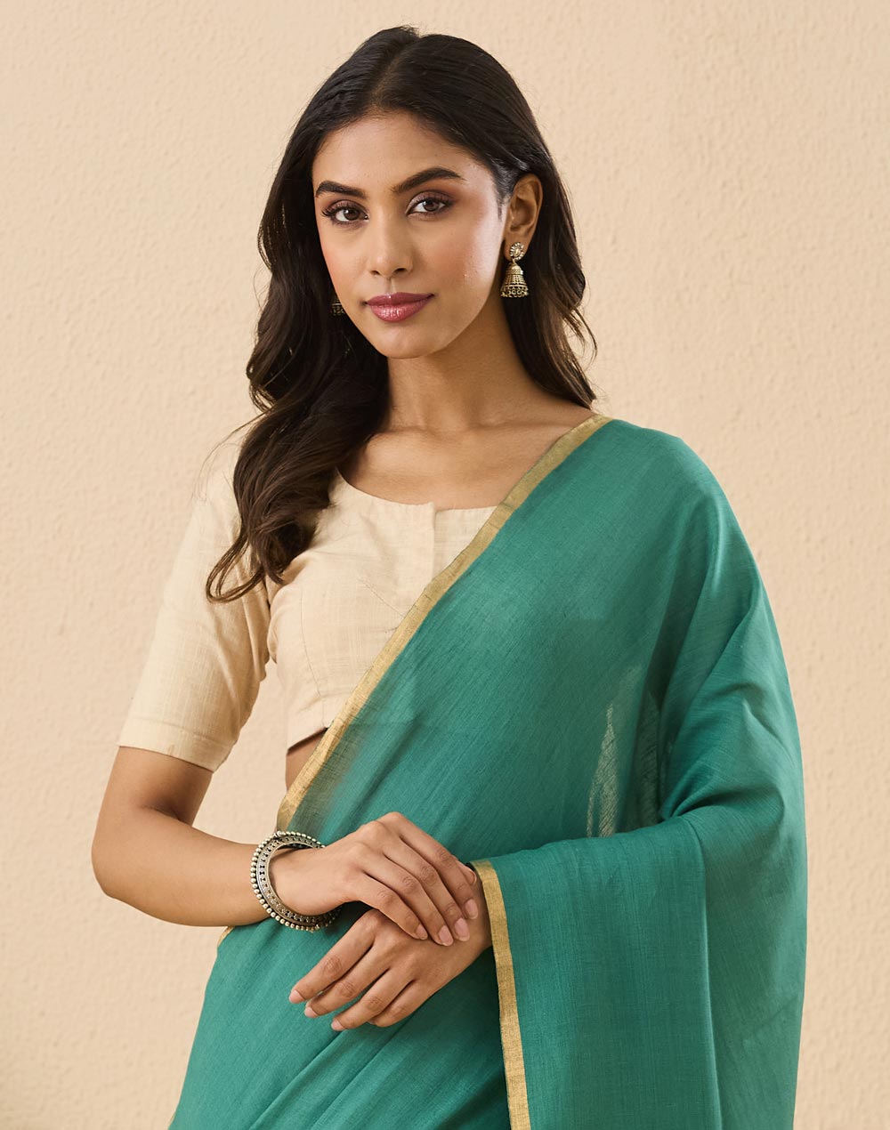 Teal Linen Blend Hand Woven Sari
