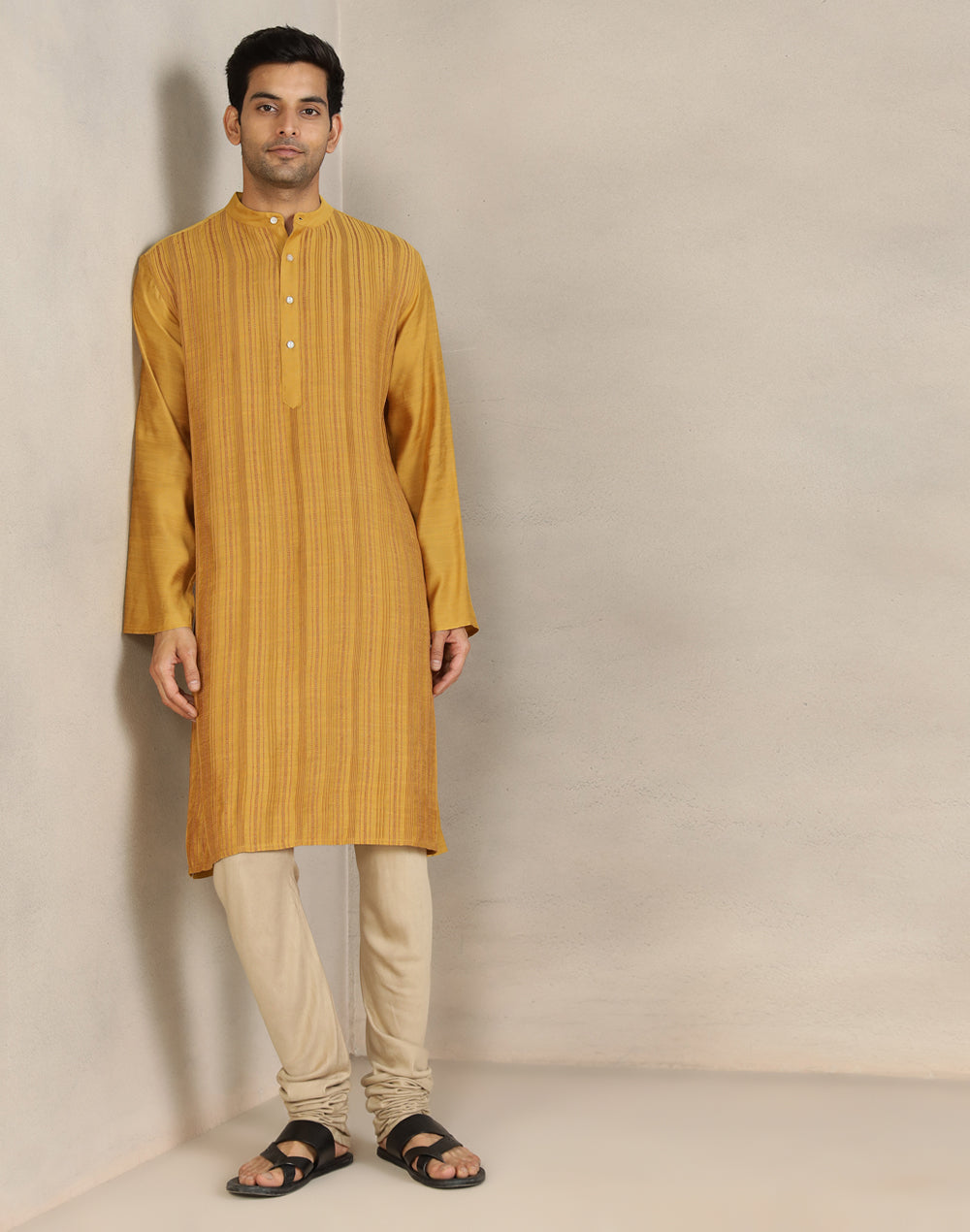 Mustard Viscose Silk Pintucks Long Kurta