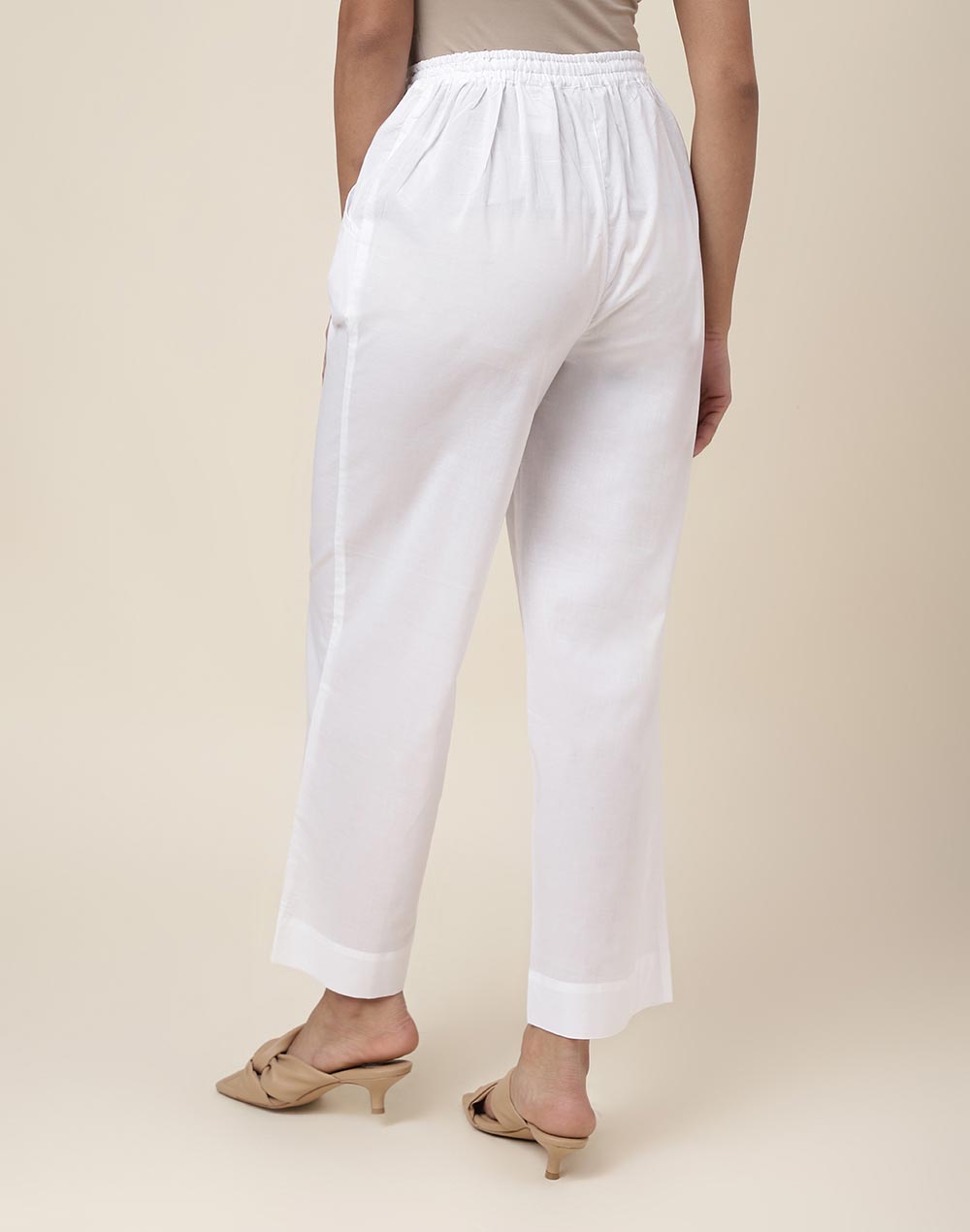 White Cotton Full Length Casual Pant