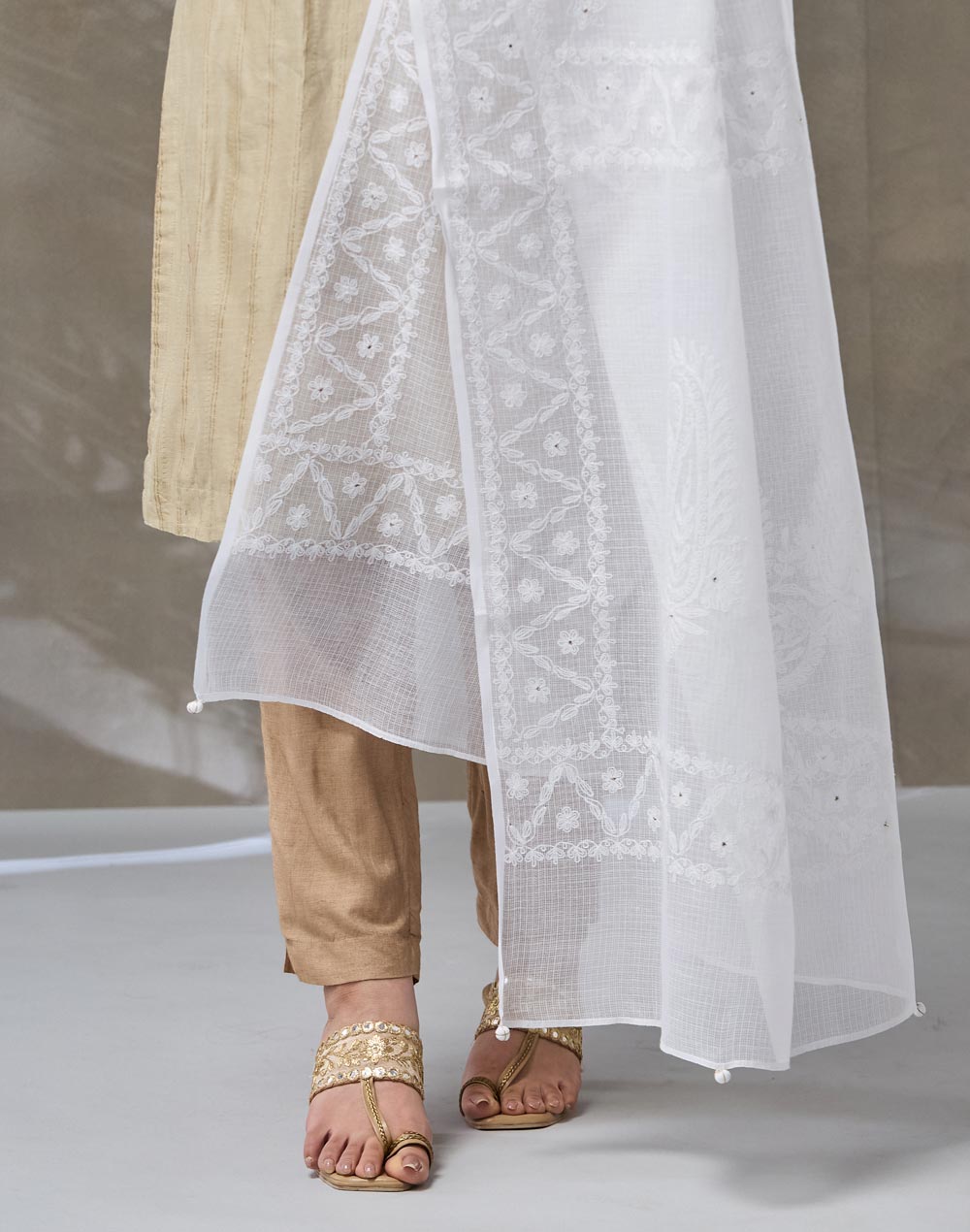 White Cotton Silk Blend Chikankari Dupatta