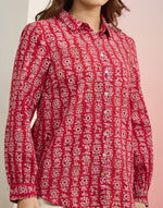 Red Cotton Block Print Geometric Shirt for Women with a hand block geometric print