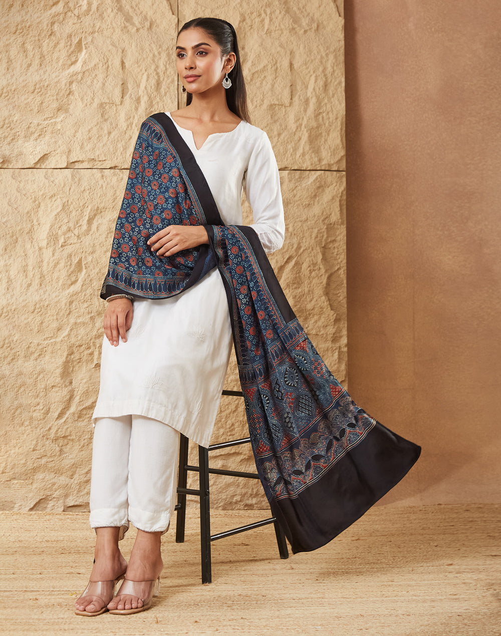 Indigo Viscose Blend Ajrakh Printed Stole