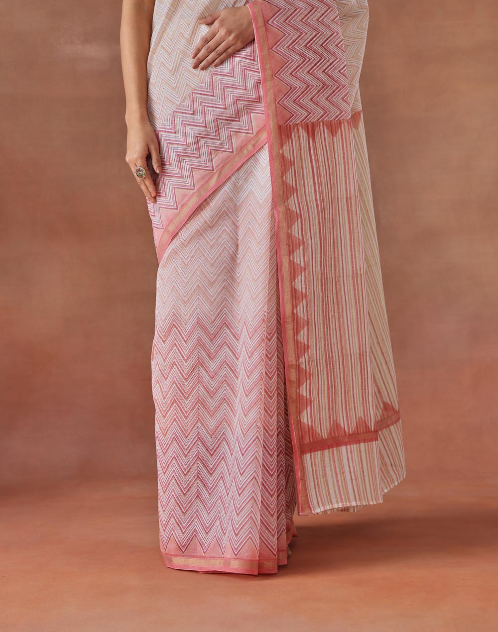 Pink Cotton Silk Hand Block Printed Sari