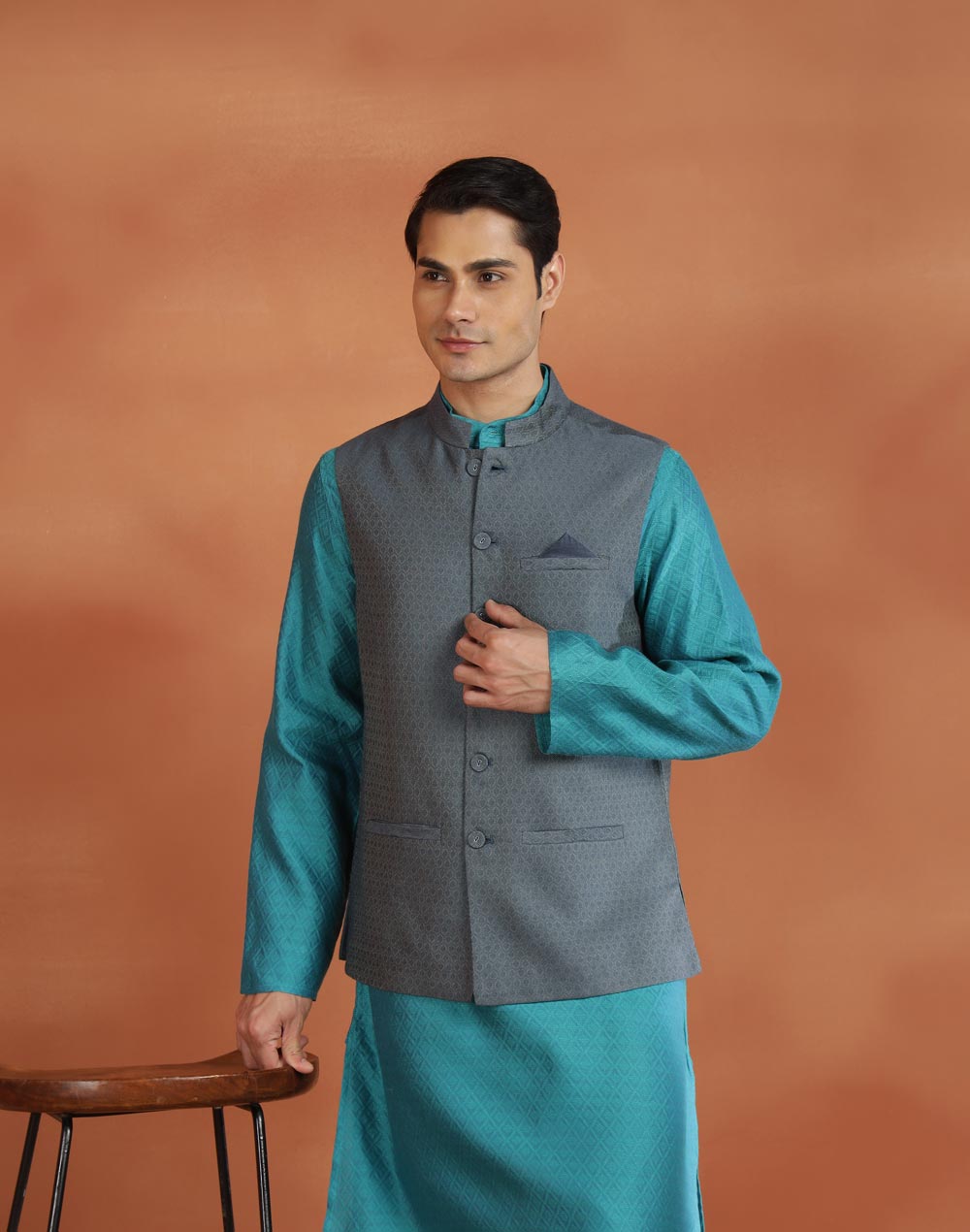 Grey Viscose Silk Nehru Jacket