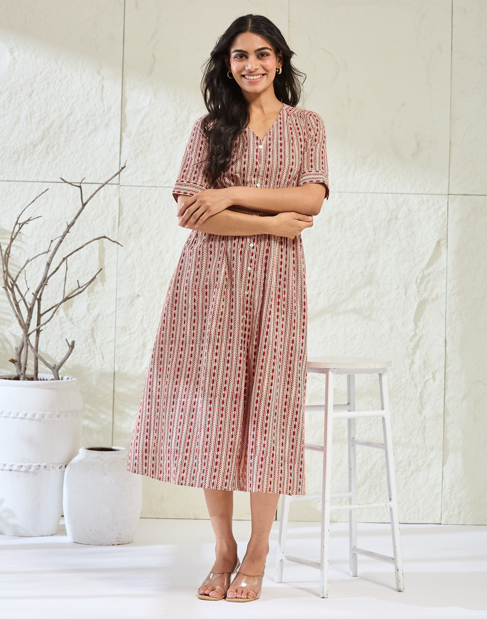 Red Cotton Bagh Printed Midi Dress