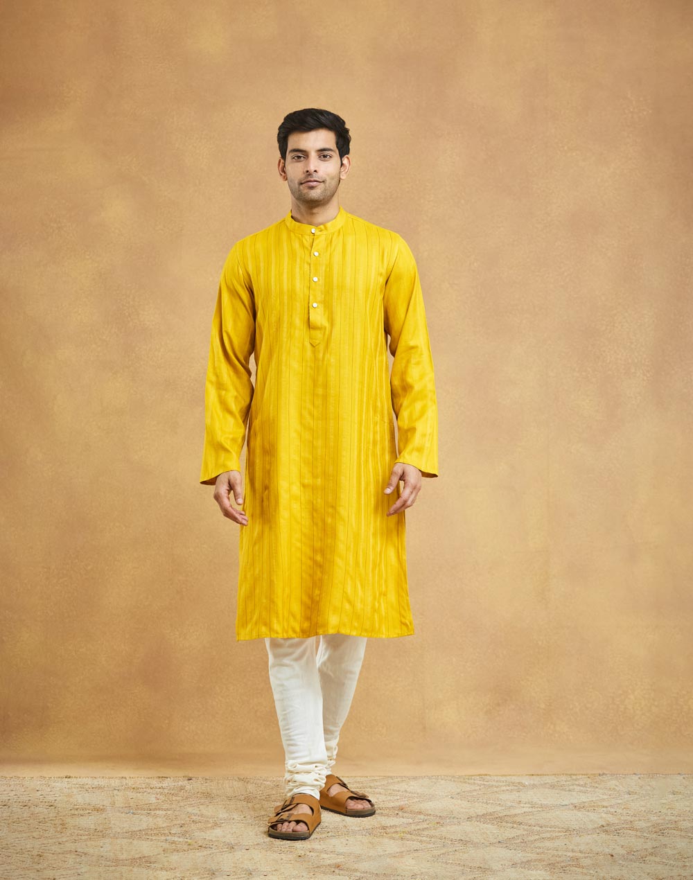 Yellow Viscose Blend Dobby Slim Fit Long Kurta