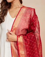 Red Cotton Silk Blend Hand Block Printed Dupatta