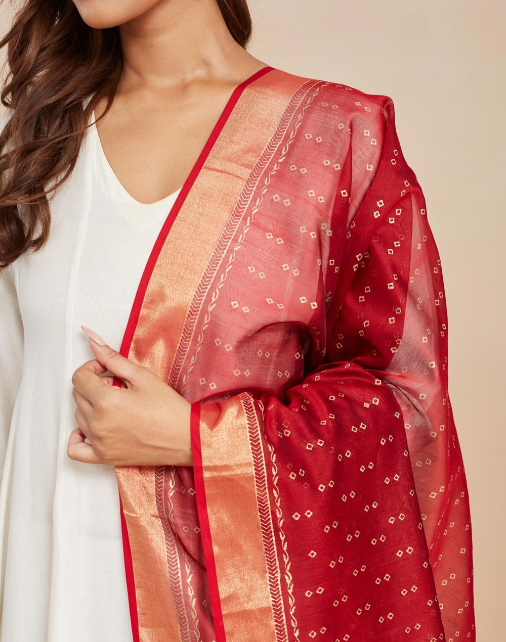 Red Cotton Silk Blend Hand Block Printed Dupatta