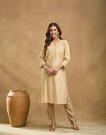 Beige Cotton Silk Embroidered Long Kurta