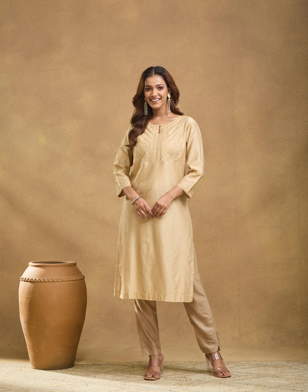 Beige Cotton Silk Embroidered Long Kurta