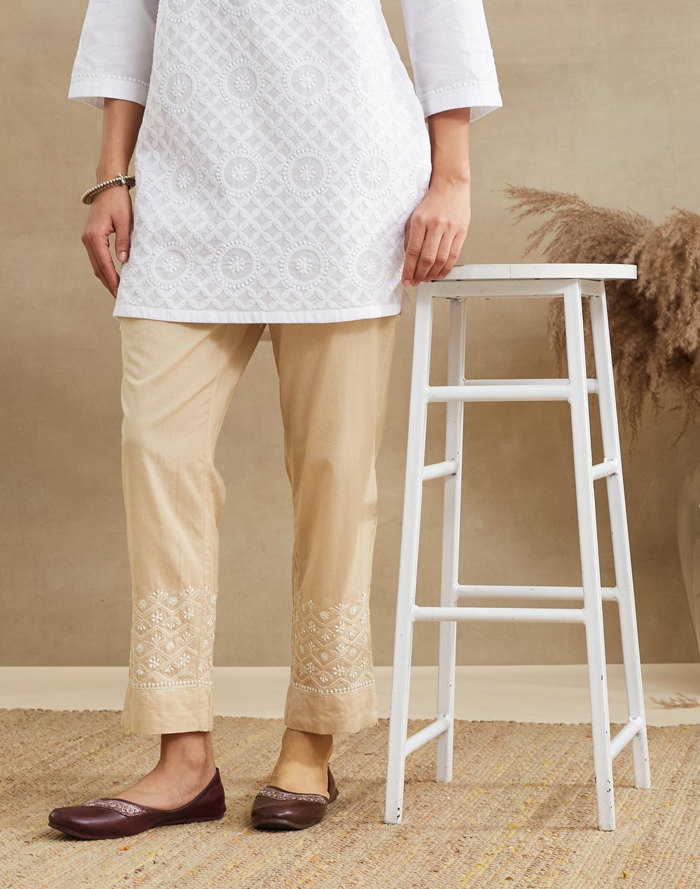 Beige Cotton Chikankari Ethnic Pant
