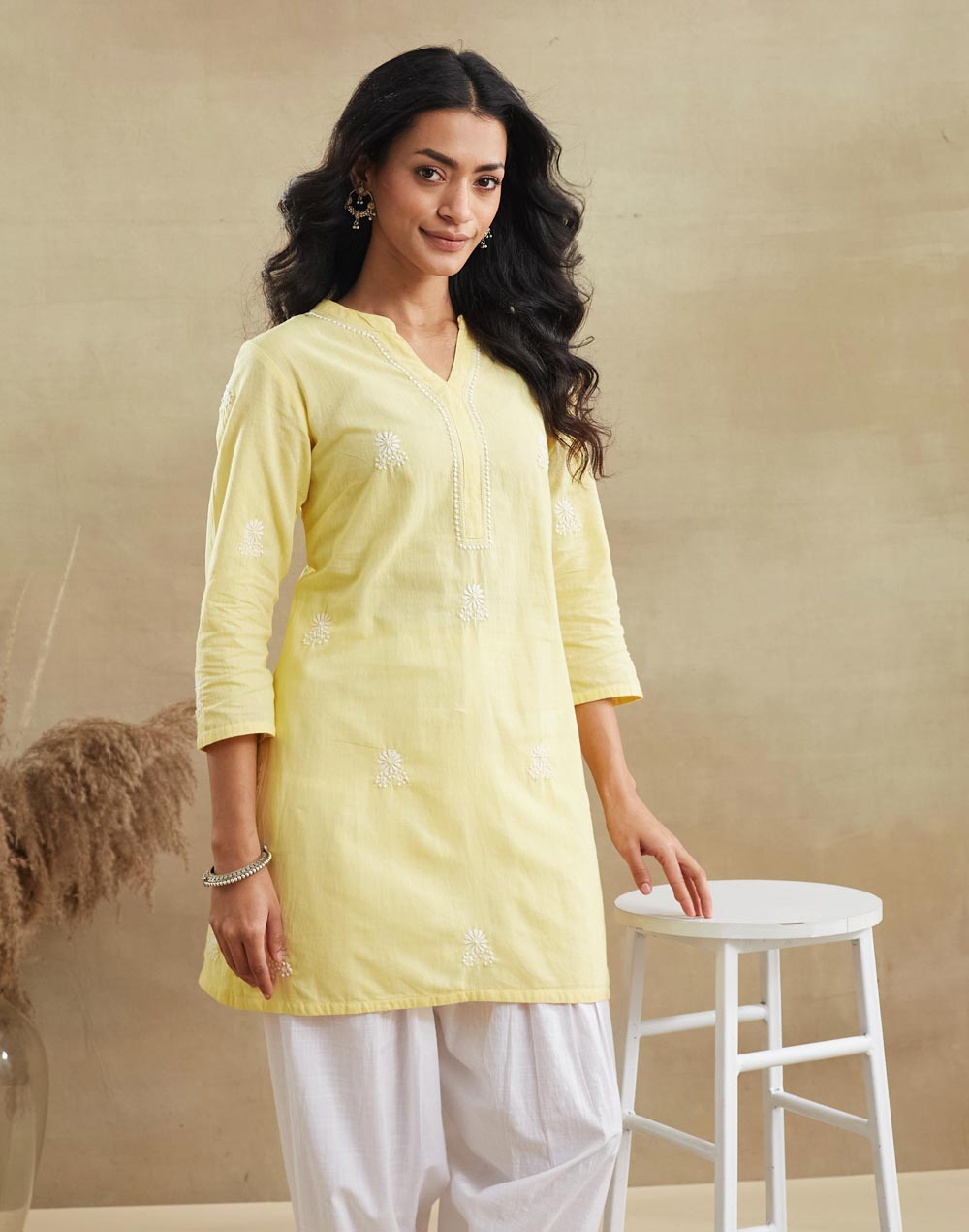 Yellow Cotton Chikankari Short Kurta
