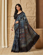 Indigo Viscose Blend Ajrakh Printed Sari
