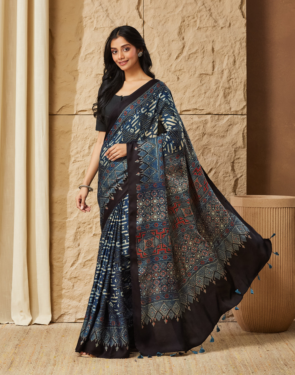 Indigo Viscose Blend Ajrakh Printed Sari