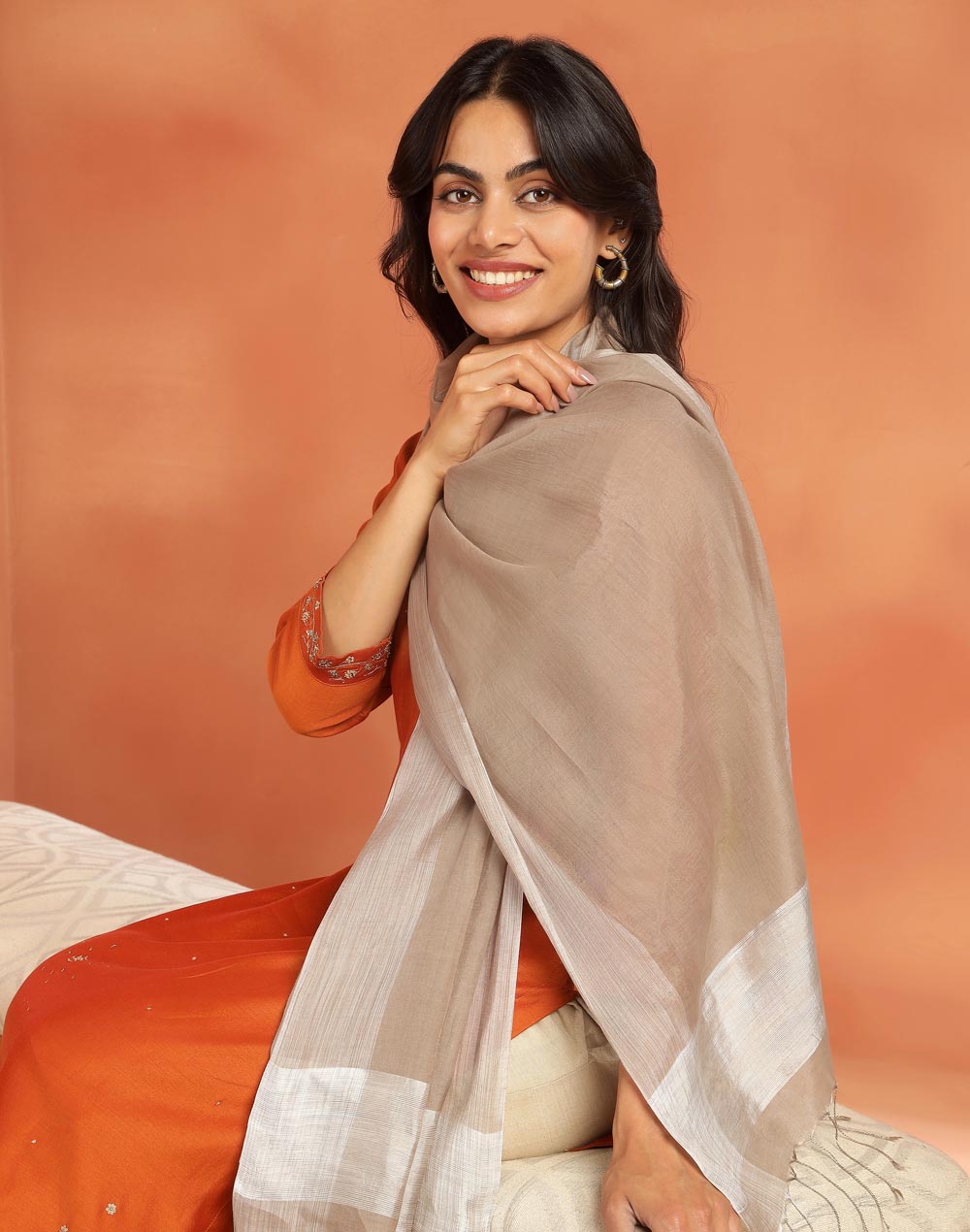 Beige Cotton Silk Blend Hand Woven Stole